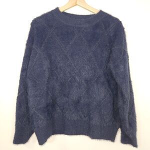 O & O Womens SMALL Blue Criss Cross Fuzzy Sweater